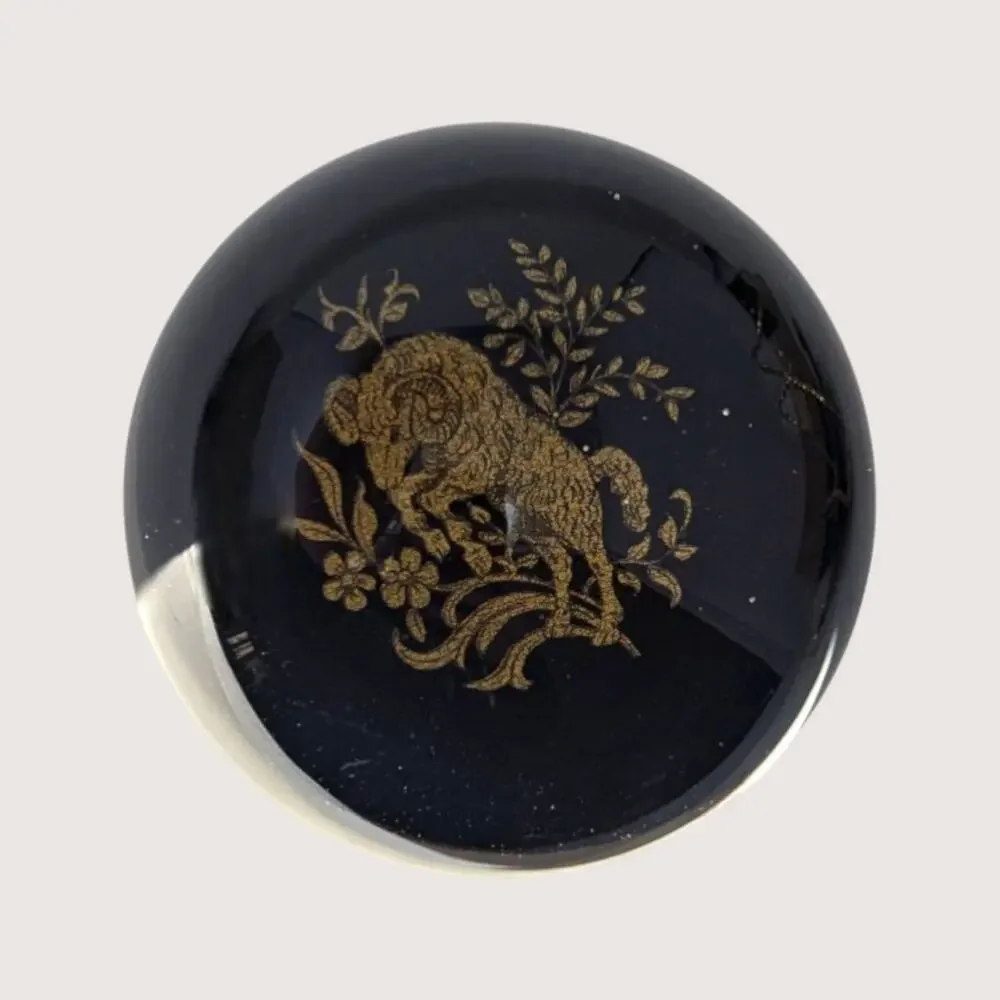 Vintage Chokin Style Gold Ram Lacquerware Glass Dome Paperweight